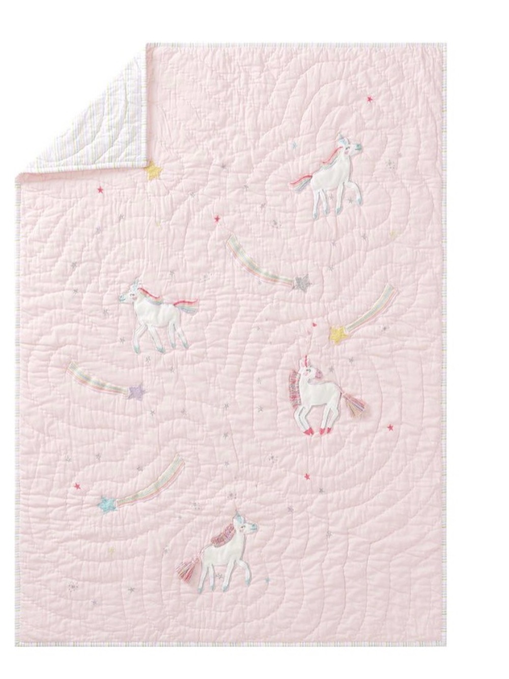 Pottery barn kids  Pink Unicorn Embroidered Quilt - Pastel Rainbow Bedding
